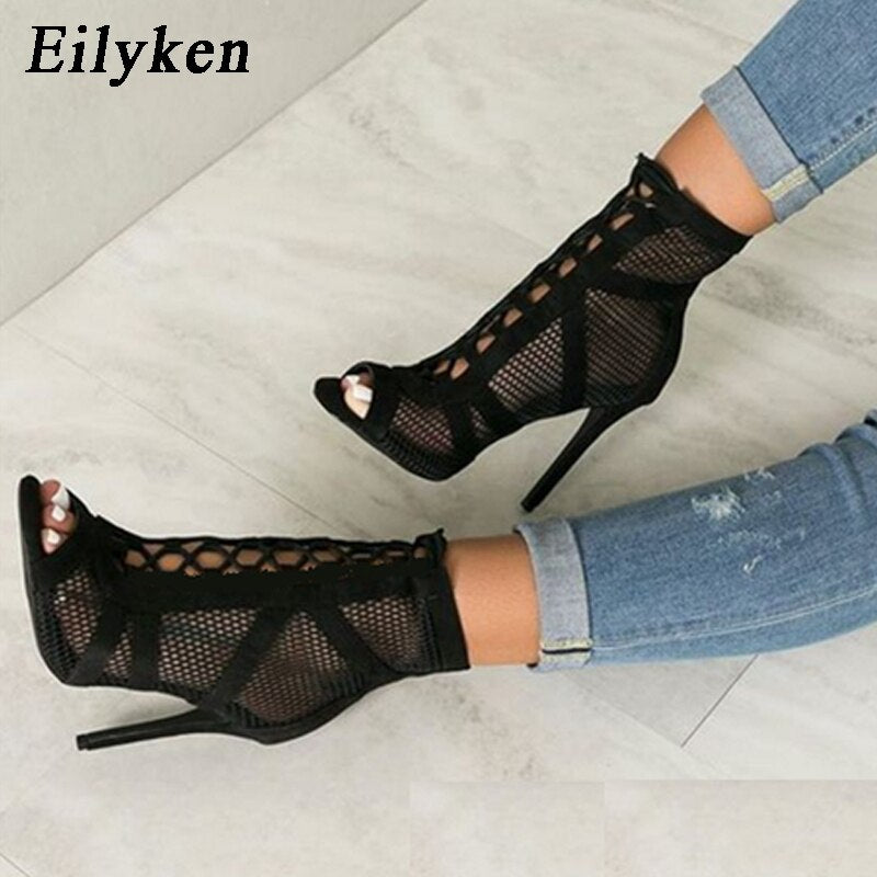 Fashion Black Net Fabric Cross-tied Sandals 2021 Summer Lace Up Peep Toe High Heels Ankle Strap Hollow Out Woman Shoes - TRIPLE AAA Fashion Collection