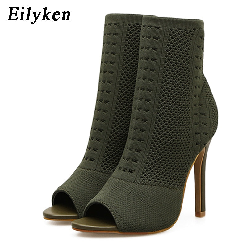Womens Boots Green Elastic Knit Sock Boots Ladies Open Toe High Heels Fashion Kardashian Ankle Boots Women Pumps - TRIPLE AAA Fashion Collection