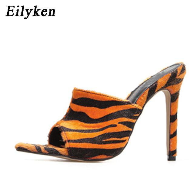 High Heels Horsehair Leopard Shoes Women Slippers Lady Flock Sexy Pumps 12cm Summer Pointed Feminino Slippers Sandals - TRIPLE AAA Fashion Collection