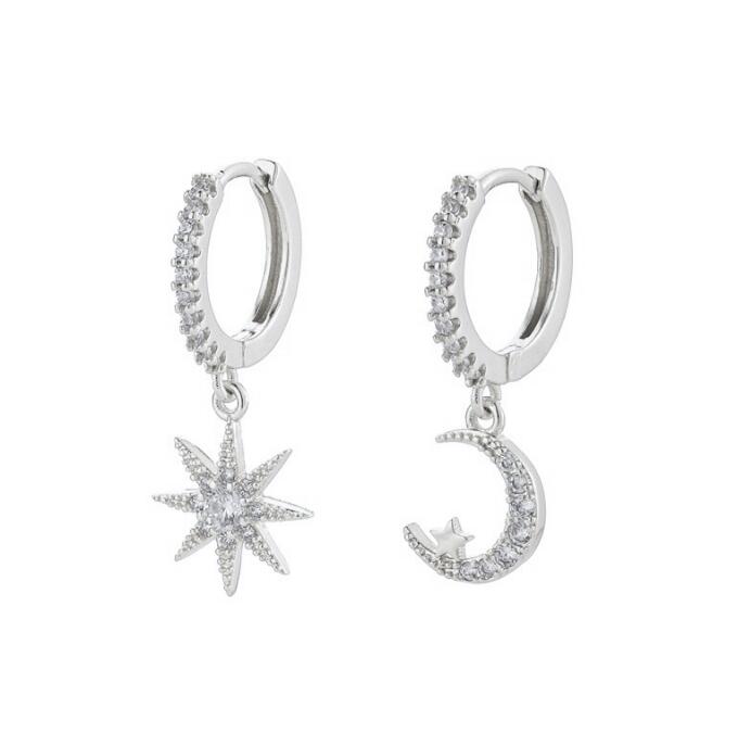 Moon Star Asymmetric Hoop Earring Silver Plated Micro Inlaid Zircon Earring Jewelry For Women Gold Color