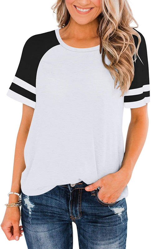T-Shirt Summer Round Neck Stitching Short Sleeve Striped Contrast Color Loose Plus Size Women's Clothing