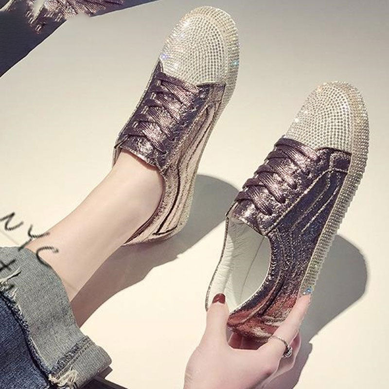 Sneakers Women Flats Golden Silver Shoes Rhinestone Bling Casual Shoes Korean Luxury Creepers Superstar Shoes Streetwear - TRIPLE AAA Fashion Collection