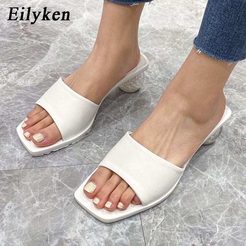 Eilyken 2021 Summer New Design Clear Perspex Pearl Round Ball Low Heel Slippers Women Square Toe Party Dress Female Sandals - TRIPLE AAA Fashion Collection