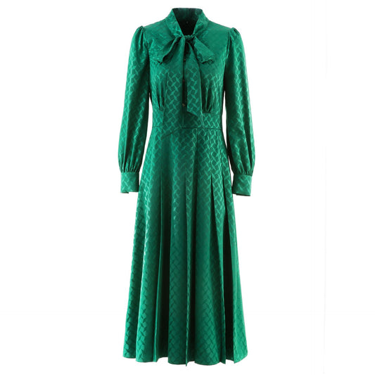Spring And Summer New Quality Acetic Acid Jacquard Popular Green Slimming Large Swing Dress With Bow Women's Skirt