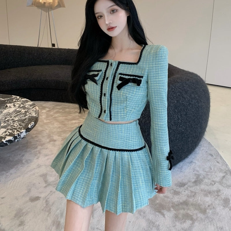 High Quality Fall Fashion Sweet Tweed 2 Piece Set Women Short Jacket Coat Crop Top + Skirts Sets Small Fragrance Two Piece Suits