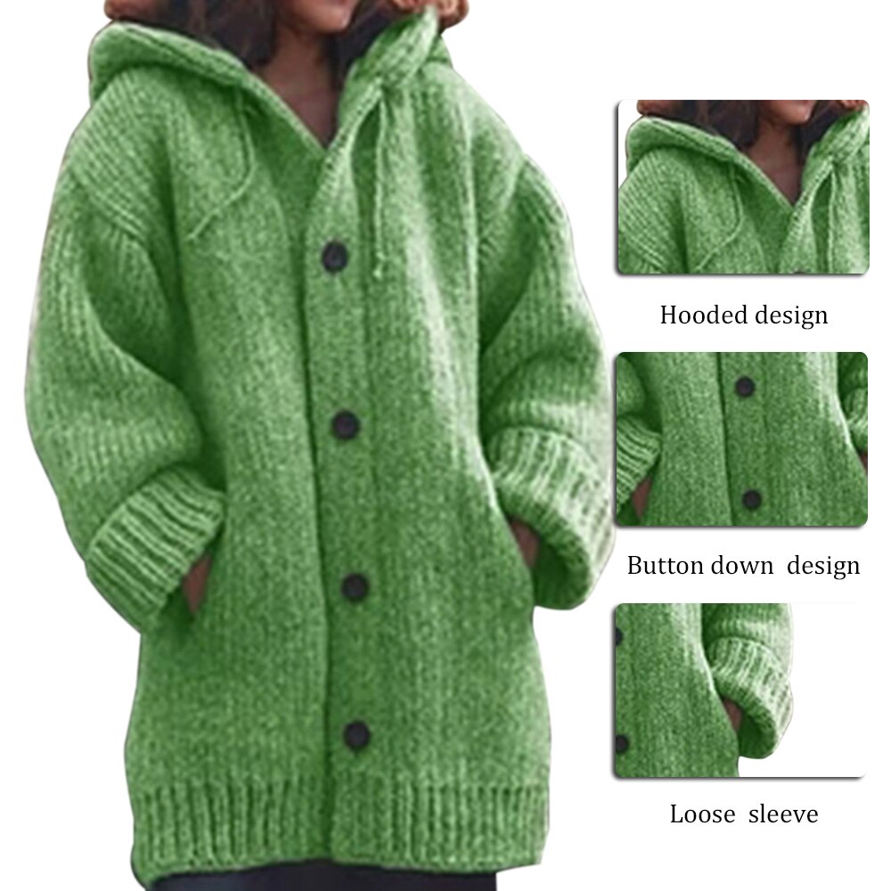 Winter Women Cardigan Casual Hooded Solid Button Knitted Sweater Coat Warm Long Sleeve Pocket Plus Size Female Knittwear Outwear