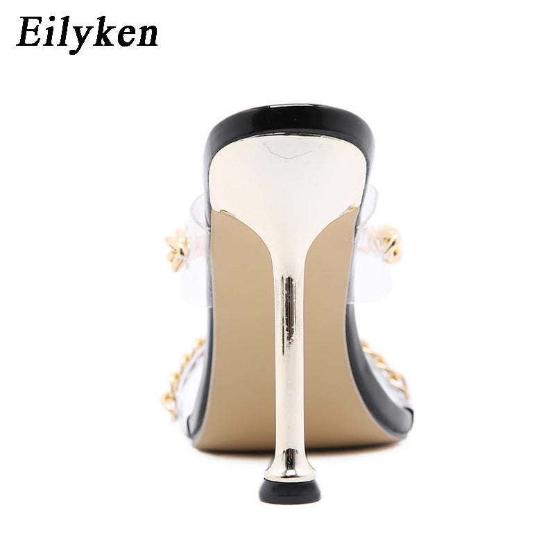 Sexy Transparent PVC Slippers Summer Thin High Heels Fashion Chain Design Slip On Square Toe Mules Slides Women Shoes - TRIPLE AAA Fashion Collection