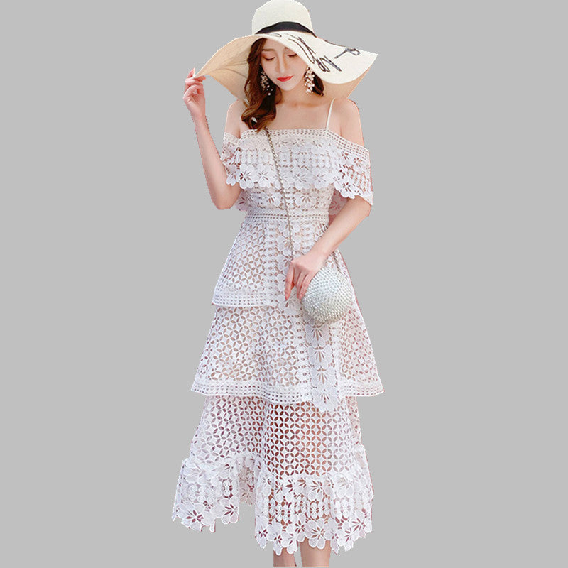 Runway Summer Slash Neck Cake Holiday Long Dress Women Layers Ruffles Hollow Out White Dress Sexy Backless Vestido - TRIPLE AAA Fashion Collection