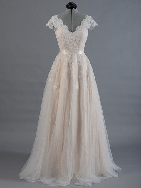 Vestido de novia Lace A-line Wedding dress Cap sleeve V-back Bridal gown Lace with Tulle
