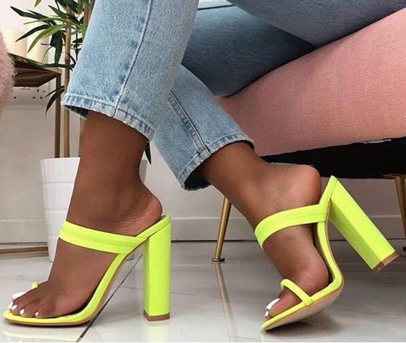 Eilyken Summer Slippers Sandals Flip Flop Square heel Stretch Fabric Hollow Women Shoes Sexy Slippers Pumps Fluorescent green - TRIPLE AAA Fashion Collection