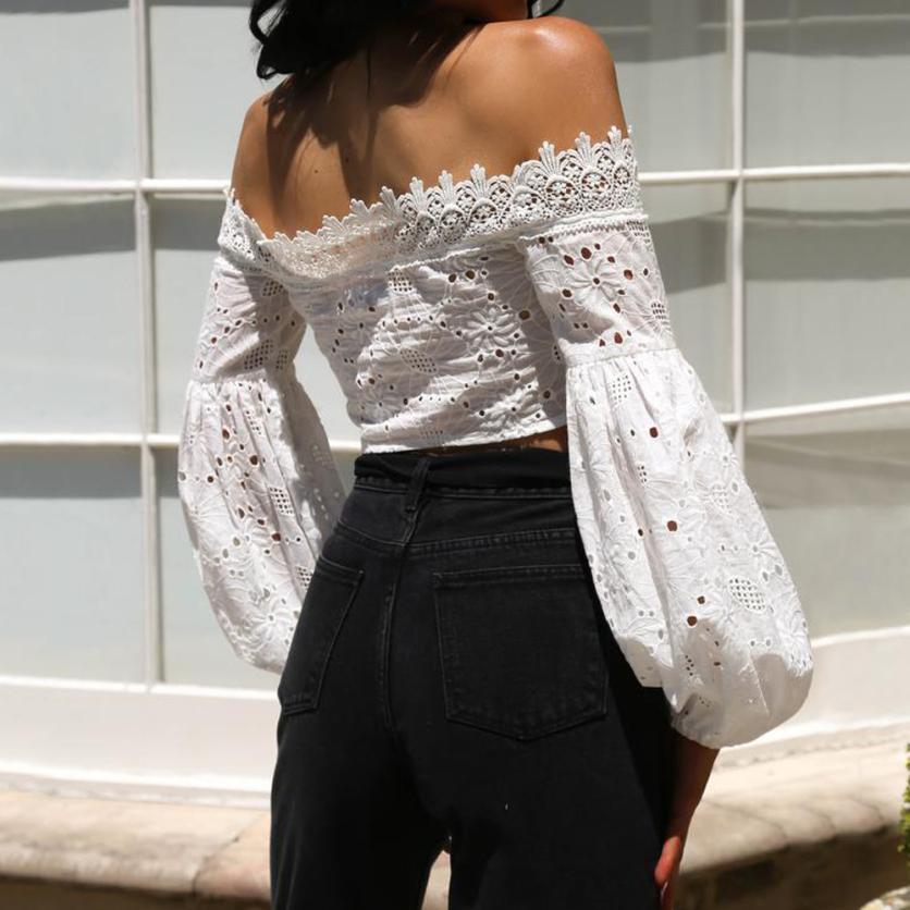 women lace Tops slash neck backless shirt off the shoulder t-shirt solid long flare sleeve Ruffle Crop Tops chiffon blusas - TRIPLE AAA Fashion Collection