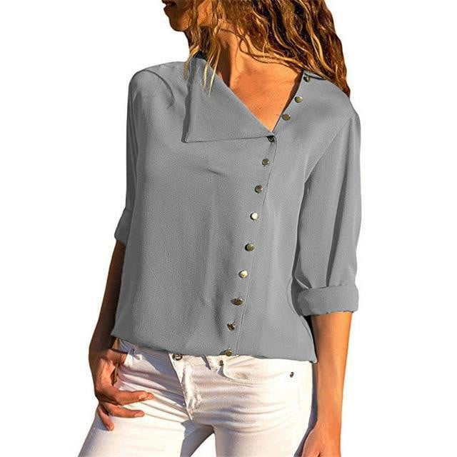 Chiffon Blouse  Long Sleeve Women Blouses and Tops Skew Collar Solid Office Shirt Casual Tops Blusas Chemise Femme - TRIPLE AAA Fashion Collection