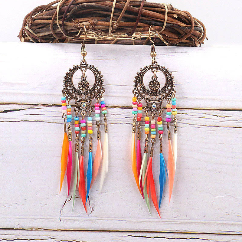 Bohemian New Fashion Retro Hollow Long Feather Earrings Creative Colorful Rice Beads Tassel Earrings