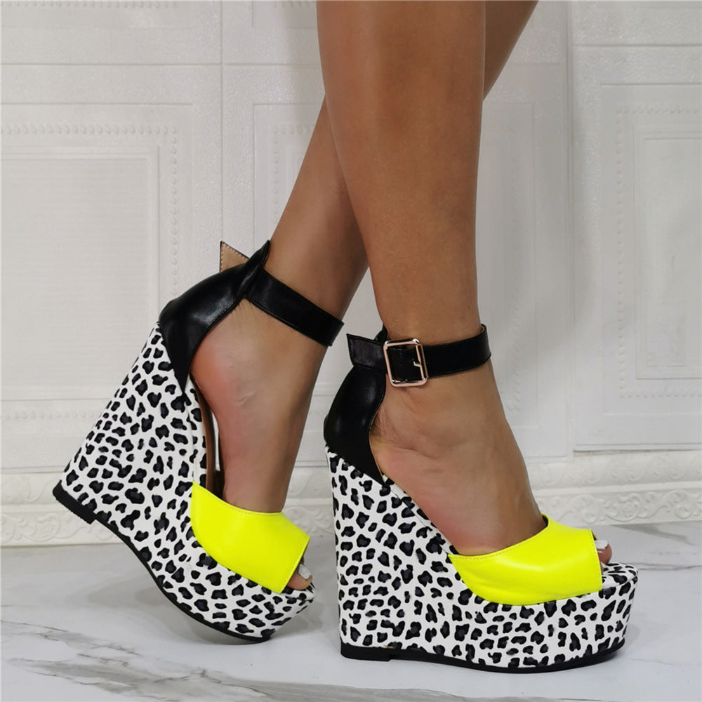 Color Blocking Leopard Print Banquet Oversize Wedge Heel Sexy High-Heeled Sandals