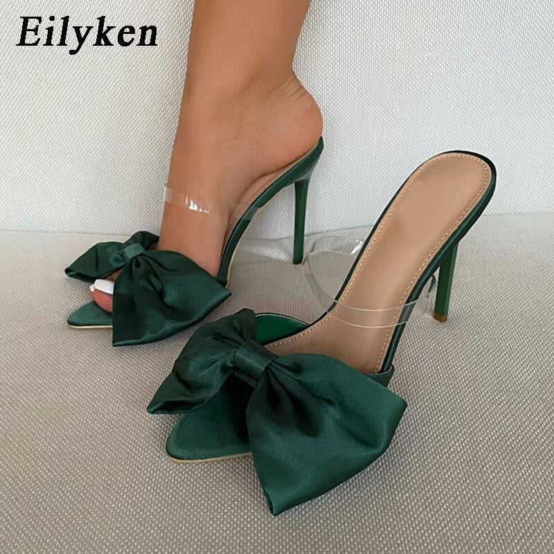 New Fashion Bowknot Women's Slippers Pointed Toe Thin High Heels Summer Elegant Dress Party Ladies Slides Pumps Shoes - TRIPLE AAA Fashion Collection