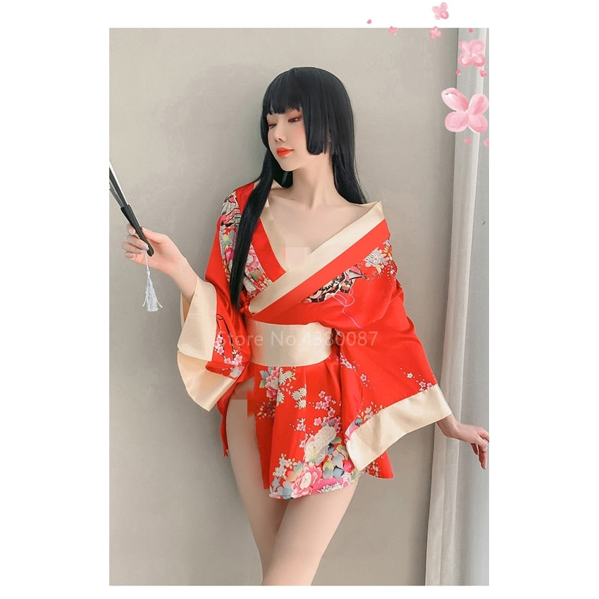 Japanese Kimono Dress for Women Cardigan Sexy Floral Print Yukata Asian Obi Sleepwear Traditional Geisha Robe Vintage Clothes