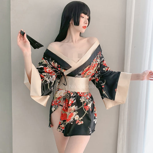 Japanese Kimono Dress for Women Cardigan Sexy Floral Print Yukata Asian Obi Sleepwear Traditional Geisha Robe Vintage Clothes
