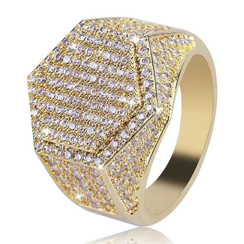 Hip Hop Fashion Rings Copper Gold Silver Color Iced Out Bling Micro Pave Cubic Zircon Geometry Ring Charms For Men gift - TRIPLE AAA Fashion Collection