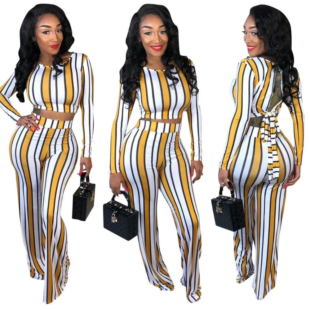 Sexy 2 two piece set top and pants autumn outfits tracksuit women long sleeve wide leg pants striped print - TRIPLE AAA Fashion Collection