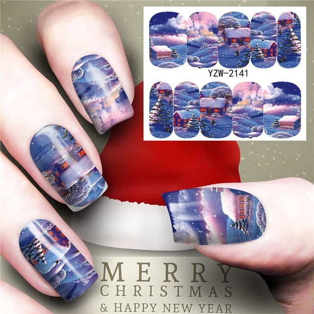 Christmas Water Nail Stickers Transfer Decals Sliders Snowman Deer Halloween Gel Polish Wraps Nail Decor - TRIPLE AAA Fashion Collection