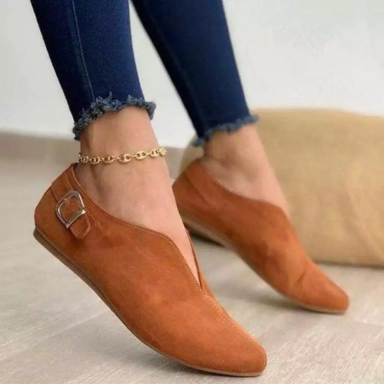 Large Size Spring And Autumn New Style Pointed Toe Suede Low-Top Set Feet Casual Buckle Women's Single Shoes