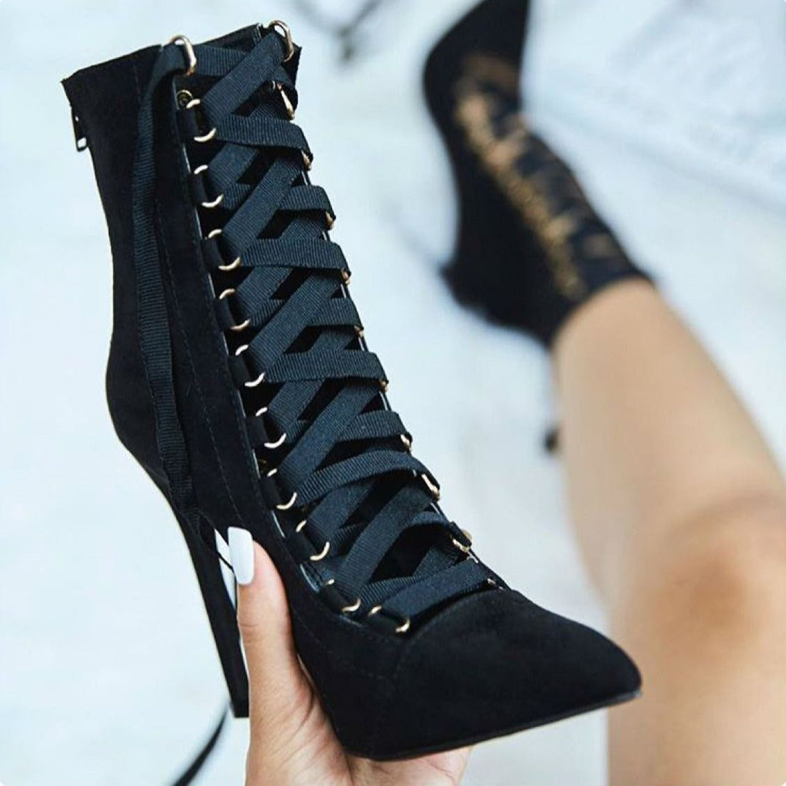 Cross-Strap Oxford Stiletto Heel Martin Boots Pointed Toe Lace High-Heeled Mid-Boots Single Boots Women