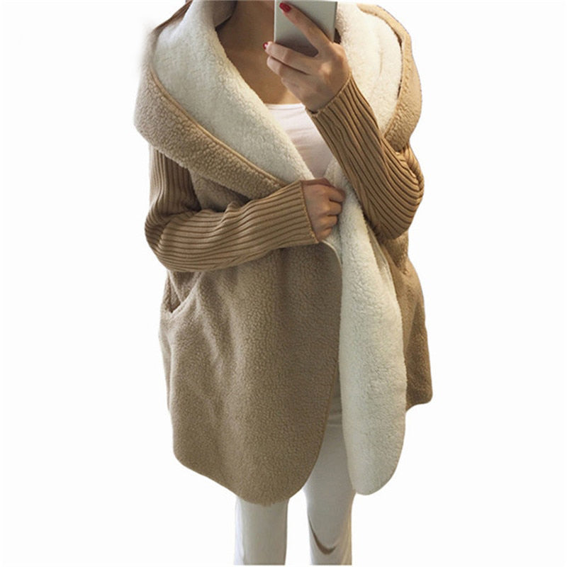 Loose Lamb Wool Cardigan Solid Color Hooded Long Fashion Coat Knitted Sleeve Stitching Warm Jacket - TRIPLE AAA Fashion Collection