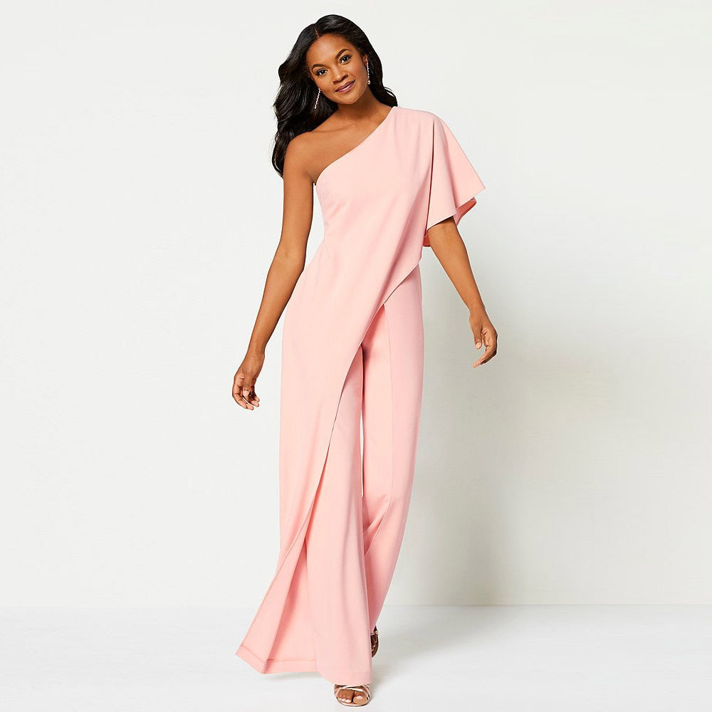 One Shoulder Jumpsuit Casual Solid Off Shoulder Ruffles High Waist Wide Leg Pants Jumpsuit - TRIPLE AAA Fashion Collection