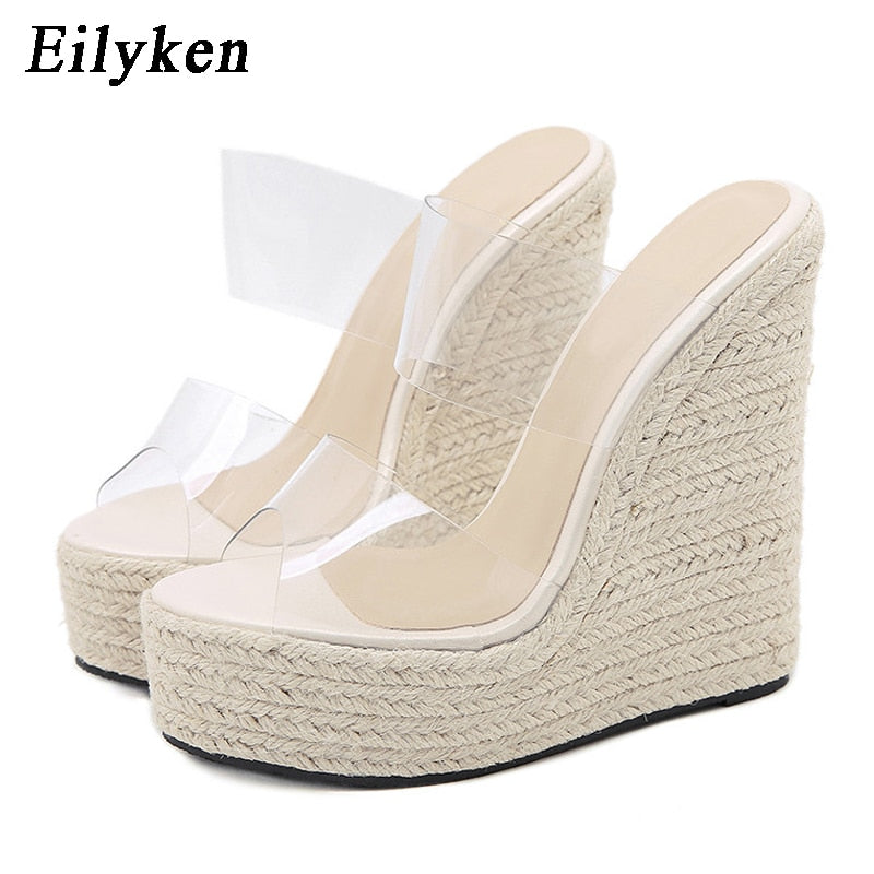 Summer PVC Transparent Peep Toe Cane Straw Weave Platform Wedges Slippers Sandals Women Fashion High Heels Female Shoes - TRIPLE AAA Fashion Collection