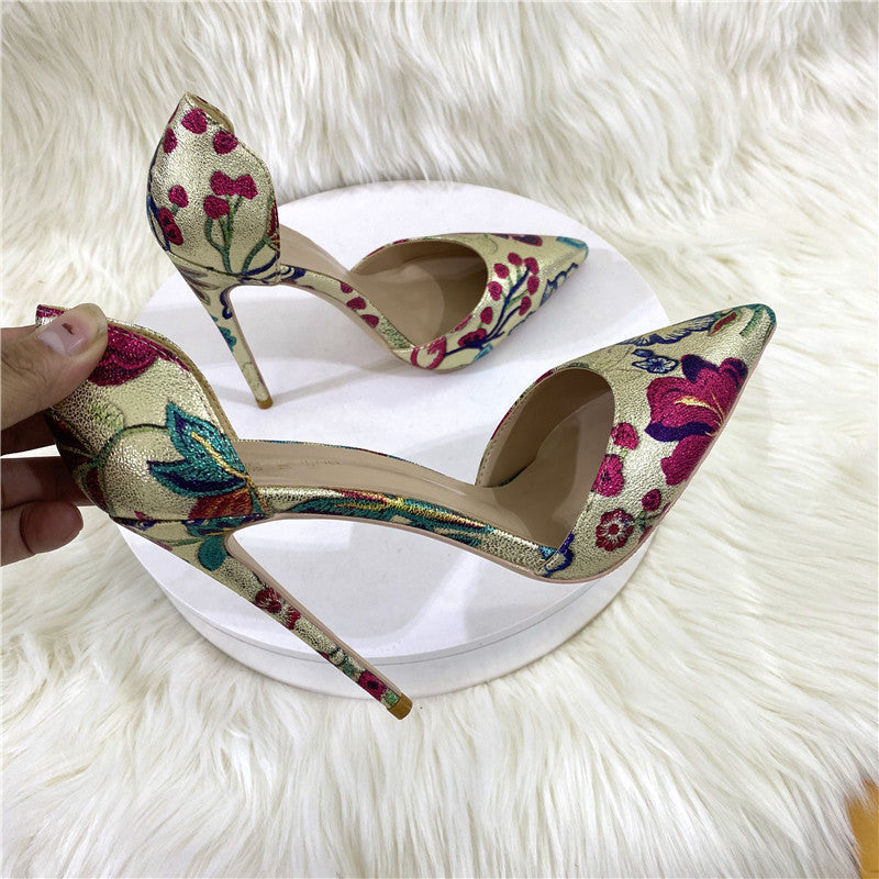 New Gold Embroidered Hollow High Heel Shoes 12CM 10CM 8CM Pointed Thin High Shallow Mouth Single Shoes