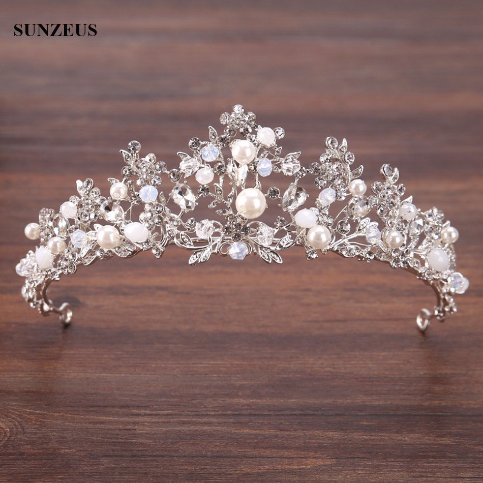 Silver Crystal Bridal Tiara With Pearls Headband Wedding Crown For Brides Marriage Accessories