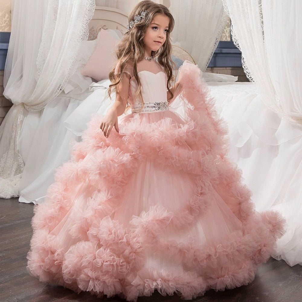 Stunning V-Back Luxury Pageant Tulle Ball Gowns for Girls 2-13 Year Old Pink Color Little Princess Flower Girl Dresses Party - TRIPLE AAA Fashion Collection