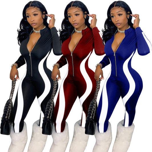 Printed Colorblock Irregular Stripes Casual Zip Ladies Jumpsuit