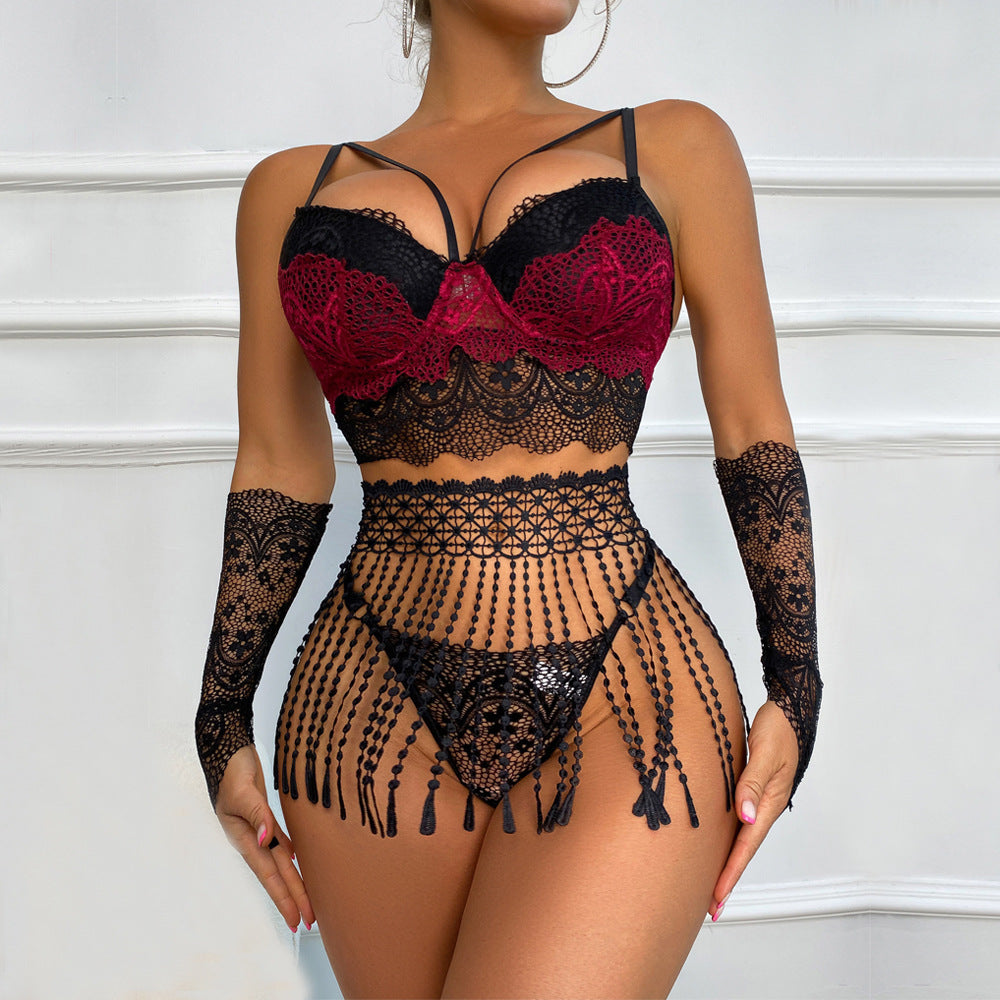 Three Piece Sling Set With Fringed Girdle Lace Stitching And Gloves Sexy Lingerie Set