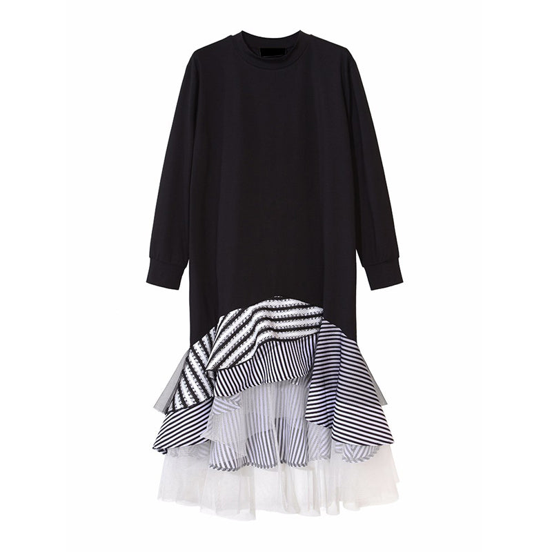 Women Long Sleeve T Shirt Midi Dress Patchwork Stripe Mesh Ruffle Flare Asymmetrical Hem Pullover Casual - TRIPLE AAA Fashion Collection