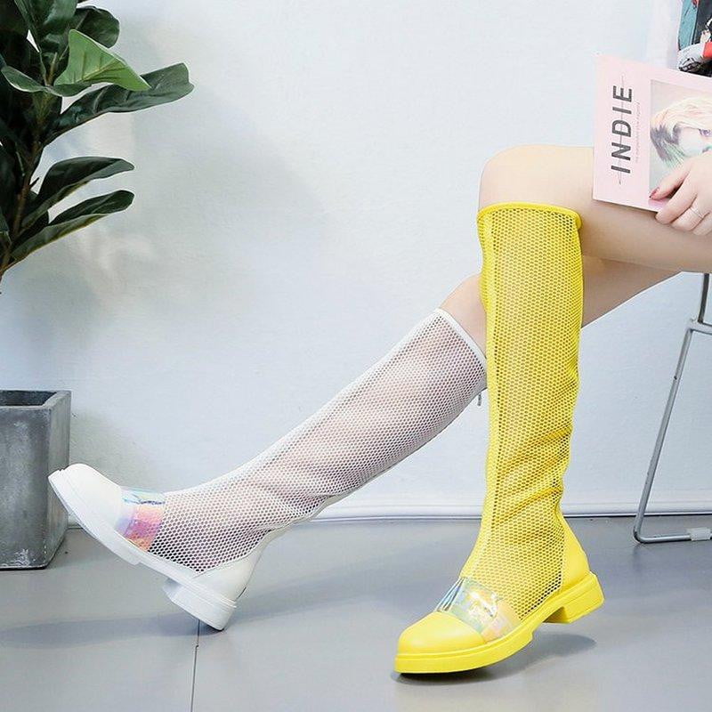 Knee High Boots Women's Sandals Shoes Sequins Hollow Out Summer Boots Low Heel Motorcycle Boots - TRIPLE AAA Fashion Collection