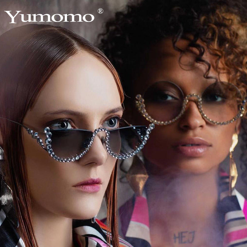 New Gorgeous Diamond-Studded Sunglasses Fashion Half-Frame Women's Trend Glasses Stage Photo Studio Street Shooting Decorative Sunglasses