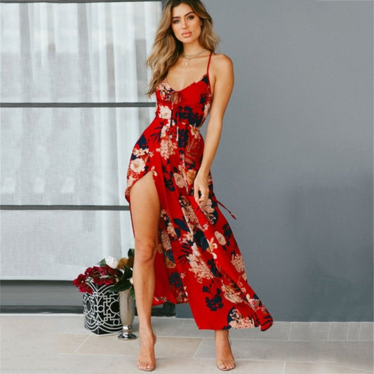 Red Floral Print backless summer dress Women deep V neck bohemian maxi dress Spaghetti irregular long dress - TRIPLE AAA Fashion Collection