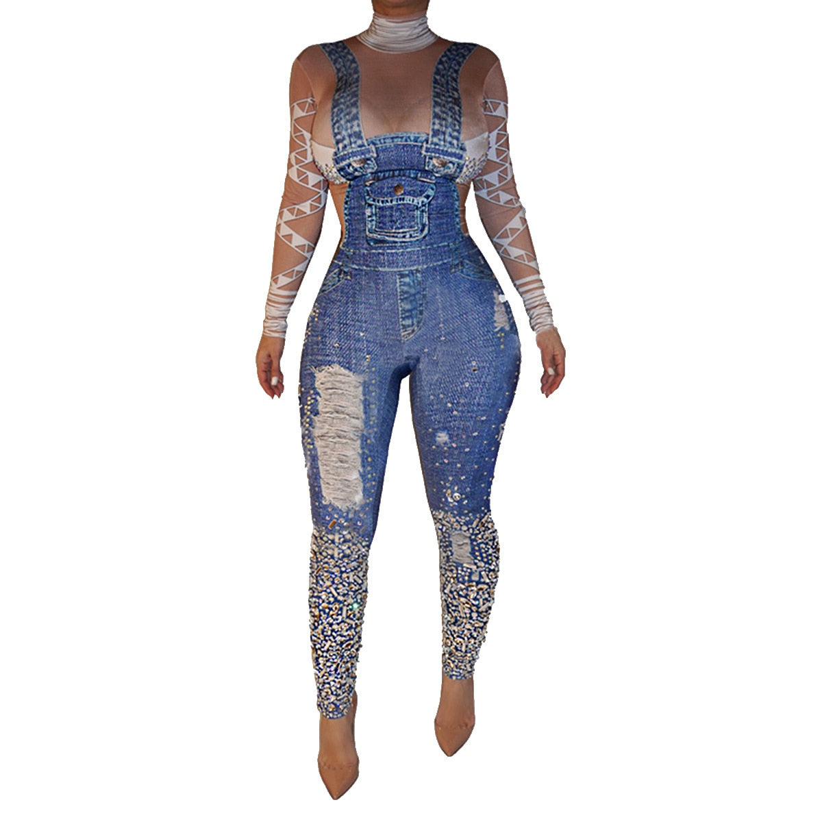 Women Fashion Sexy Plus Size Print Jeans Rompers Strap Pocket Denim Casual Loose Jumpsuit Long Pants - TRIPLE AAA Fashion Collection