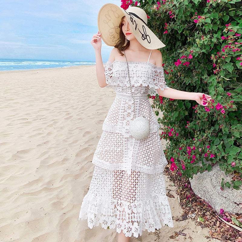 Runway Summer Slash Neck Cake Holiday Long Dress Women Layers Ruffles Hollow Out White Dress Sexy Backless Vestido - TRIPLE AAA Fashion Collection