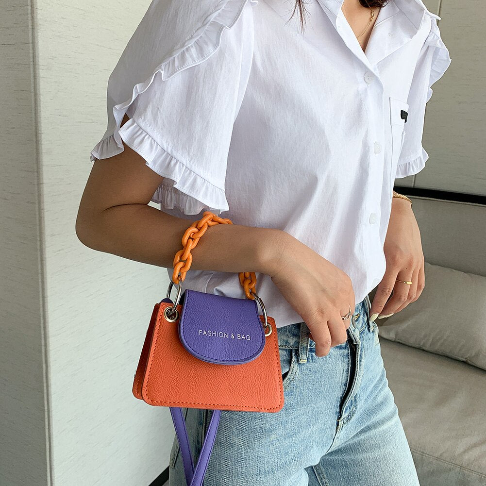 Youth Ladies Simple Versatile Bag Women Mini Crossbody Bag Acrylic Chain Lady Hit Color PU Leather Shoulder Pouch