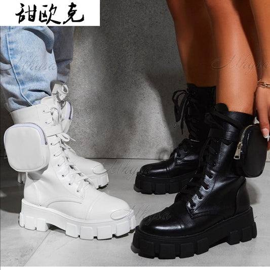 Women Pocket Boot Lace Up Ladies Ankle Boots Female Buckle Strap Black Chunky Sole Pouch Ankle Boots Woman Platform Shoe Fashion