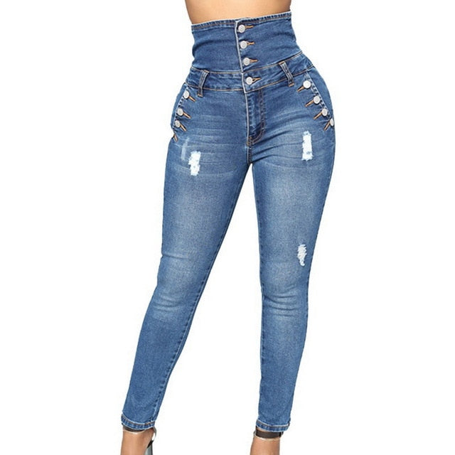Women's High Waist Elastic Skinny Denim Pants - TRIPLE AAA Fashion Collection