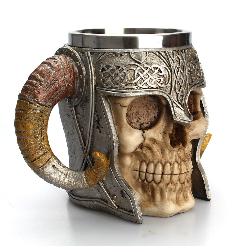 Stainless Steel Skull Mug Viking Ram Horned Pit Lord Warrior Beer Stein Tankard Coffee Mug Tea Cup Halloween Bar Drinkware Gift - TRIPLE AAA Fashion Collection