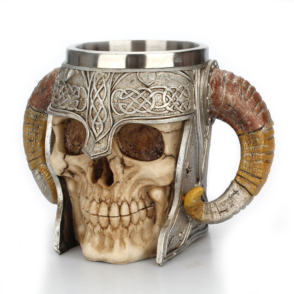Stainless Steel Skull Mug Viking Ram Horned Pit Lord Warrior Beer Stein Tankard Coffee Mug Tea Cup Halloween Bar Drinkware Gift - TRIPLE AAA Fashion Collection