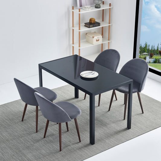 INO Design Furniture 5 Piece Deluxe Transparent Glass Top Dining Table Dinette Set for 4, Accent Chairs with Soft Velvet Seat & Backrest - Upholstered Side Chairs with Metal Leg (GREY)