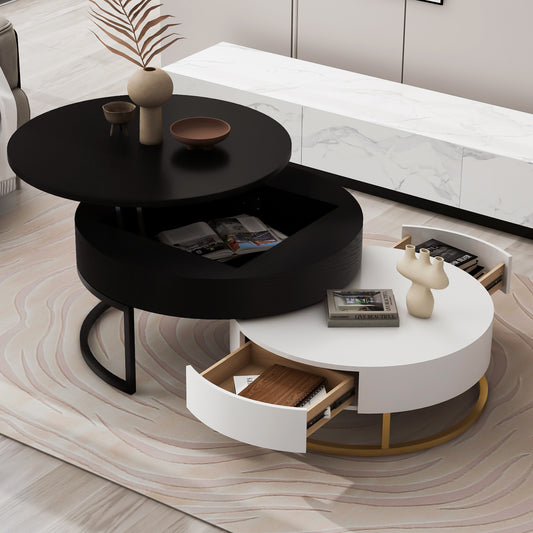 Modern Round Lift-top Nesting Coffee Tables with 2 Drawers White & Black
