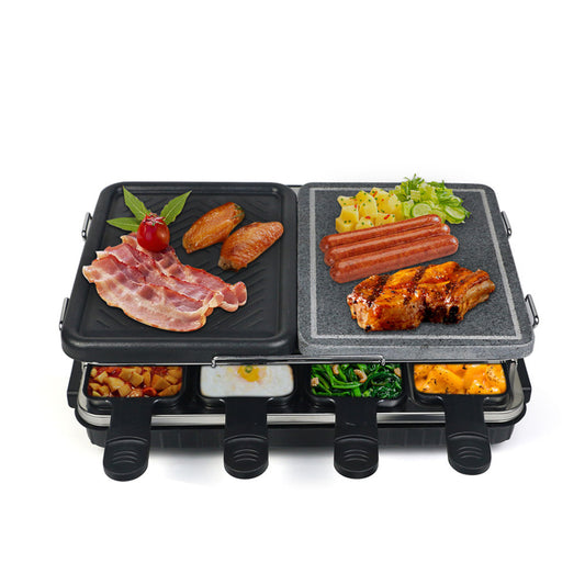 Dual Raclette Table Grill w Non-Stick Grilling Plate & Cooking Stone- 8 Person Electric Tabletop Cooker for Korean BBQ- Melt Cheese, Cook Meat & Veggies at Once