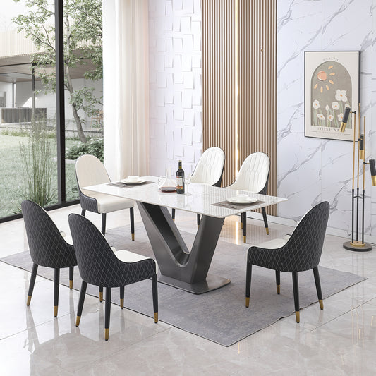 71" Contemporary Dining Table Sintered Stone V shape Pedestal Base in Gold finish with 6 pcs Chairs .