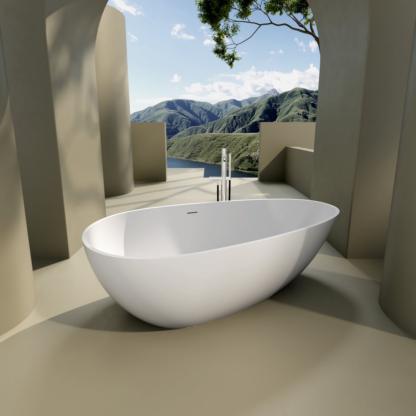 Contemporary Stone Resin Flatbottom Freestanding Soaking Bathtub with Overflow in Matte White, cUPC Certified - 66.88*33.5 22S02-67